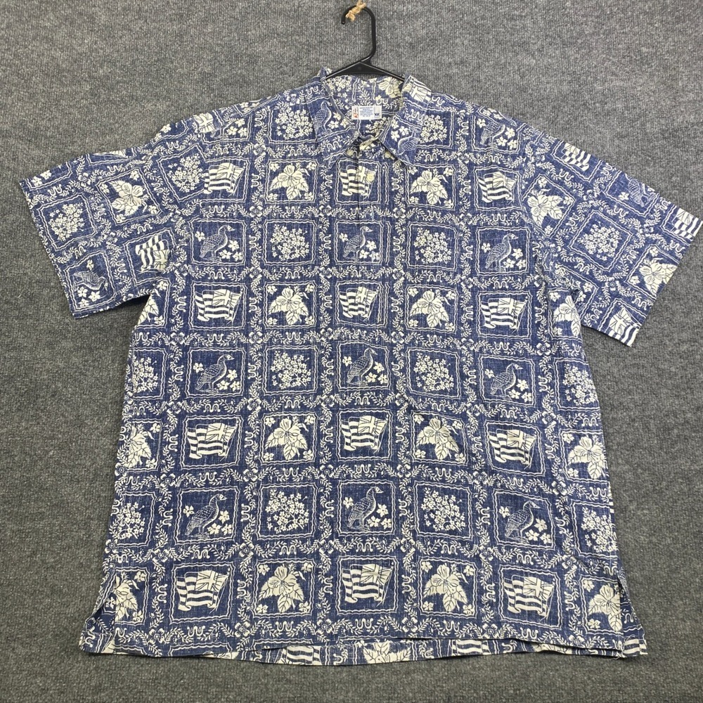 Reyn Spooner Hawaiian Shirt XXL Blue White Flag Goose Hibiscus Print Mens VTG